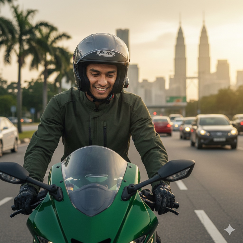 Malaysian driver smiling in traffic with KLCC skyline
